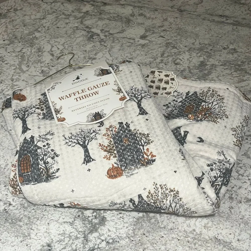 Envogue Halloween Haunted House Waffle Gauze Lace Reversible Plush Throw Blanket